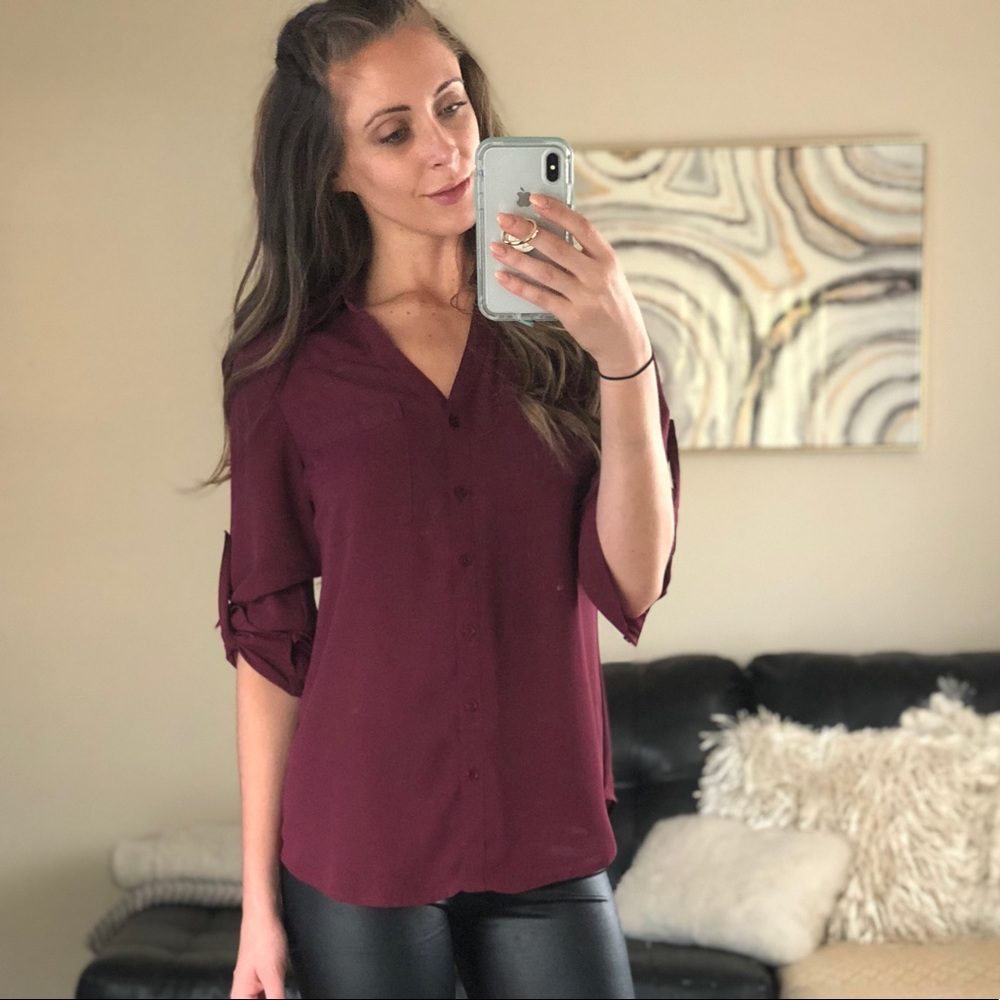 Maroon Button Up Work Blouse